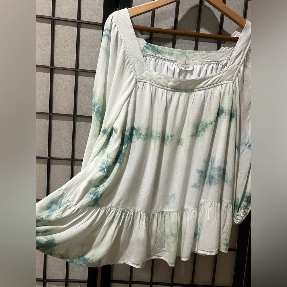 EMBER White Tie-Dye Peasant Blouse with Teal Accents, LONG SLEEVE, WOMEN SIZE L